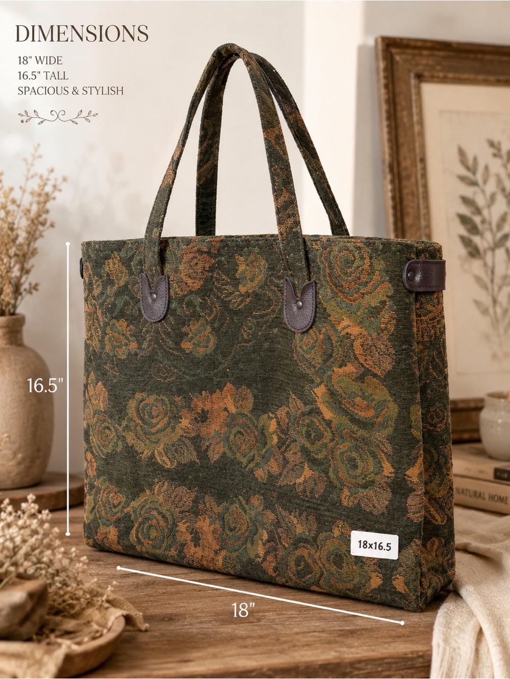 Vintage Tapestry Floral Tote Bag in Green and Brown